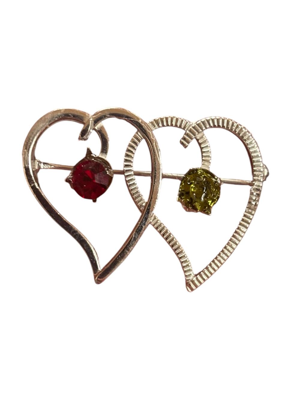 Vintage Sterling Silver Double Heart Brooch Red Green Rhinestone Mid Century